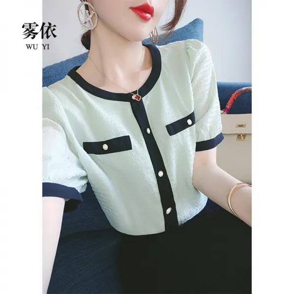 프레지오 여름반팔 무의 신선 달다 화이트 희게 느껴지다 부드러운 도착함 크레이지 더심쿵 블러킹 쉬폰 반팔셔츠