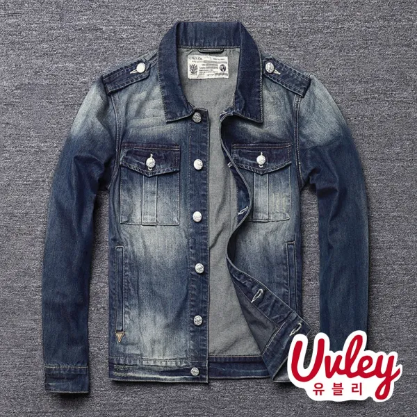 유블리 남성 청자켓 견장 레터링 워싱 데님 자켓 간절기자켓 데일리룩 스트릿룩 Uv2113021se