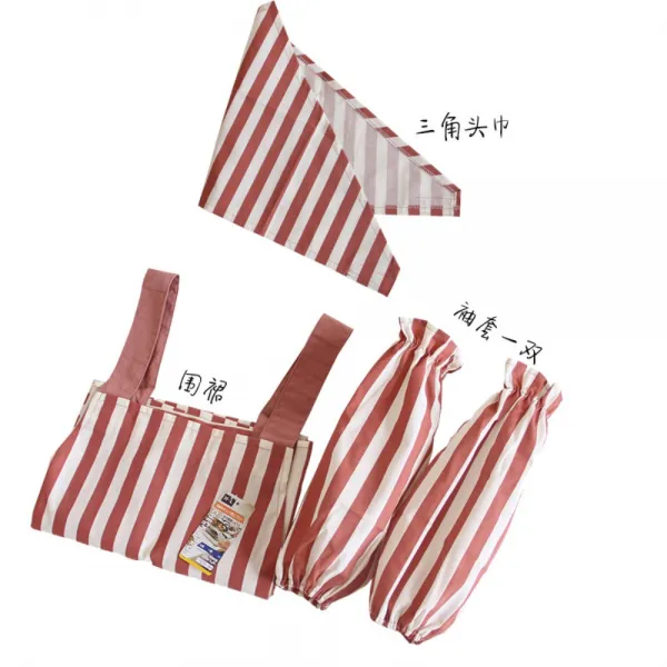 땡땡이 스트라이프 폴카도트 패브릭 앞치마 주방 홈 작업복, 스트라이프 레드 [앞치마 + 슬리브 +머리띠]