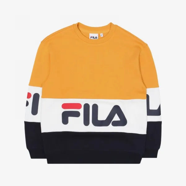 휠라키즈 FILA 시그니처 및 뉴 배색 컬러 조합과 하단 빅 로고 프린트가 특징적인 삼단 컬러 블록 맨투맨 FK2POC3106XAMR