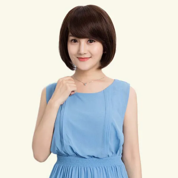 엄마가발 중년 여성 전 생머리 BOBO 단발가발 핸드메이드 건네주다 바늘 위 하트 짧은 직 헤어 커버, 1, 내추럴 블랙 전 생머리 다섯을 보내다