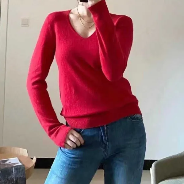 프랑스 보이핏 볼륨 기쁘다 새해를 축하함 레드 100 캐시미어 브이넥긴팔 가을 여성 빅 야드