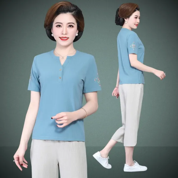 로즈매더 여자 마 린넨 투피스 름옷 두벌 세트 서양풍 중 노성 면마 반팔 패