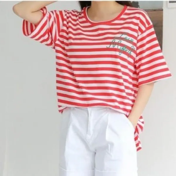 좋은친구들 넉넉한 박시핏 롱기자 러브 자수 단가라 반팔티 빅사이즈 여성의류 E 936524