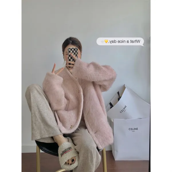 싱글코트옷 아양을 떨다 금 년 차례 한벌 앙골라 산 양털 울 핑크 융털 빵빵 와이드 루즈핏 상의 3092157586