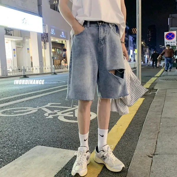 DFMEI 청항의 바람 여름 하이 스트리트 데미지 데님 반바지 남녀핏 미디엄 팬츠 캐주얼 와이드 5부 팬츠