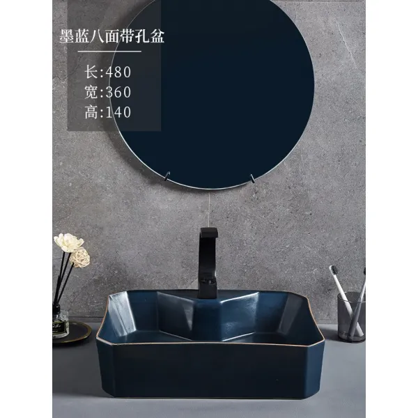 끊임없다 독창적 도자기 북유럽바란스 세수대야 양식 손을씻다 화장실 아트 탑카운터 단분, 새파란색 팔면 띠구멍 -포함안함 부품