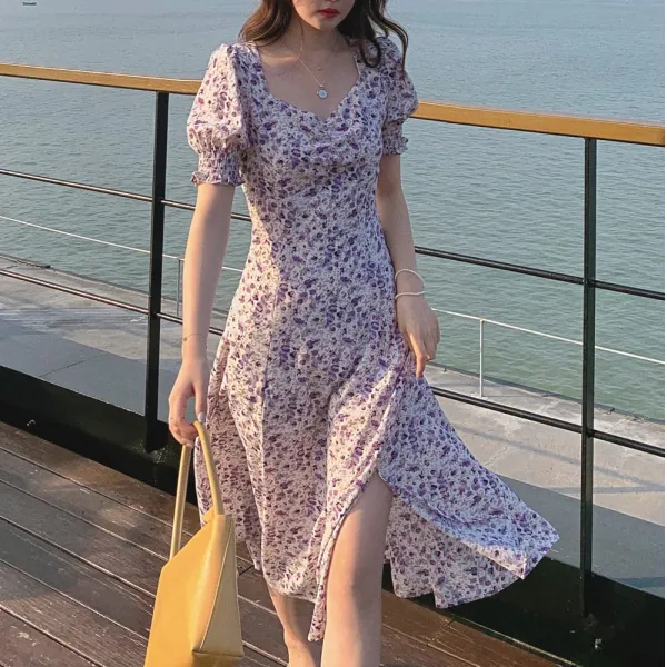 위파인더 디자인 빈티지 프렌치핏 퍼프소매 트임 원피스 유채색 꽃무늬 치마 여름