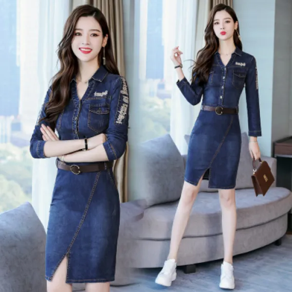 여성용 긴팔 청 데님원피스 3T2707
