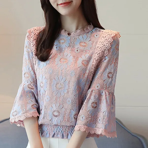 패션이루 시스루 레이스 쉬폰 여름 7부 반팔 나팔 블라우스SHN