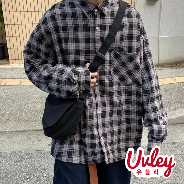 유블리 남성 체크 남방 루즈핏 크게 입기 좋은 아메카지룩 셔츠(UV024WD)