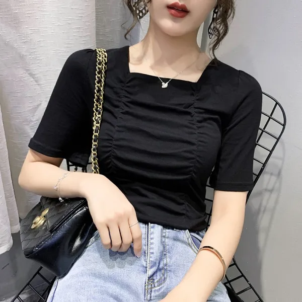 프렌치 헨리넥 반팔 여 네트 레드 티 ins 대박 의 향 토란 자줏빛 상의 디자인 감각 서양티 템포