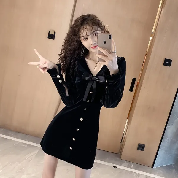 여성 헵번을 가볍게 익히다 무드 소흑 프렌치 볼륨 보이핏 골드 벨벳 융털 슬림핏 원피스 슬림 긴팔