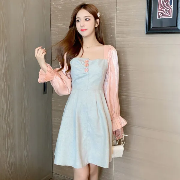 긴팔 가을옷 허리보정 슬림핏 프렌치시크 소녀 스퀘어넥 나팔소매 더플 긴소매원피스 P88