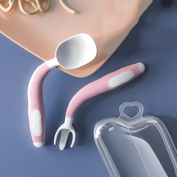 [해외 직송]HY 훈련 배운 술 밥을 먹는 아기는 이유식 아기가 짧은 서브와 포크 스푼 엘보보다 한살 가변형 어린이 식기 세트 QH31 A15, 03 핑크 2개