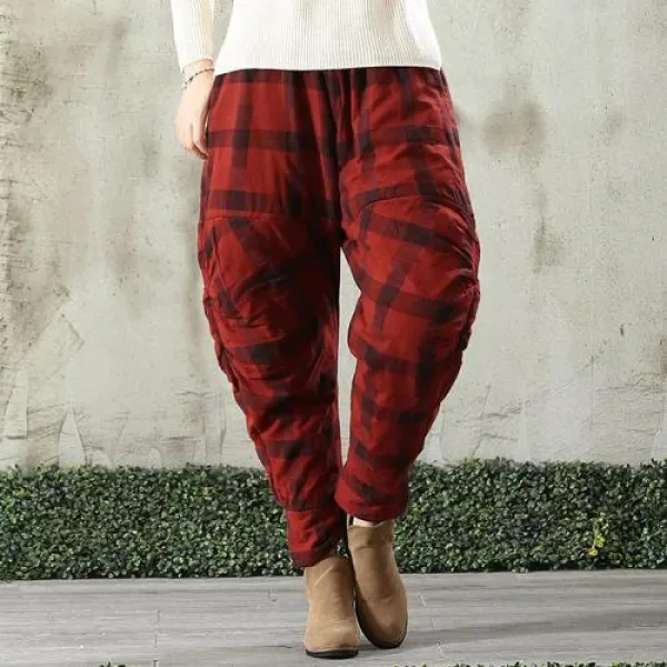 가을신상 원피스 패딩 자켓겨울 격자 무늬 두꺼운 코튼 리넨 느슨한 플러스면 바지 주름 바지 복고풍 하렘 바지 퀼트 바지 여성 입고 외부