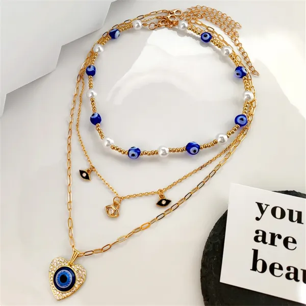블루 이블 눈 진주 여성을위한 황금 골치 아픈 건 초커 목걸이 다층 크리스탈 하트 악마의 눈 펜던트 목걸이 쥬얼리 2022