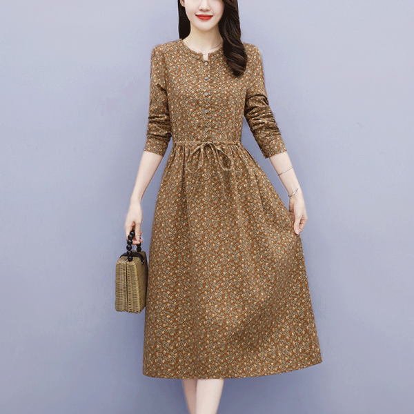 프린트 긴팔 허리보정 긴소매 이너 하프기장 스타일리시 숏 플라워 마원피스 여성 봄가을