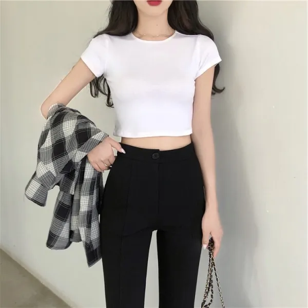 인스 초절정 슬림핏 여 숏 상의 섹시 누 탯 화이트 크롭 반팔 티셔츠 하신