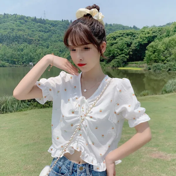 [해외 직송]다소미얼 풋풋한 플라워 셔츠 V 넥 디자인으로 여성 반팔 티 셔츠 스트링 끈 묶는 소수파다 QH85 A21