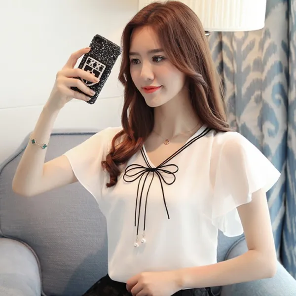 패션이루 브이넥 쉬폰 블라우스 반팔 여름 여성 리본 하객SIO