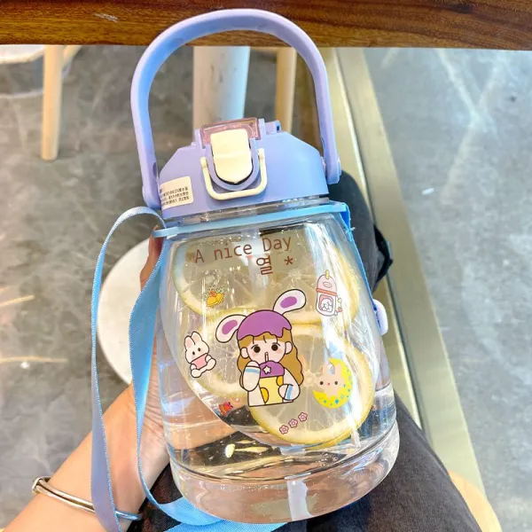 망홍 더블 음료 점차 커지다 배 플라스틱 물컵 야외 대용량 운동 주전자 손잡이 빨대 학생 컵, 청색, 1300ml
