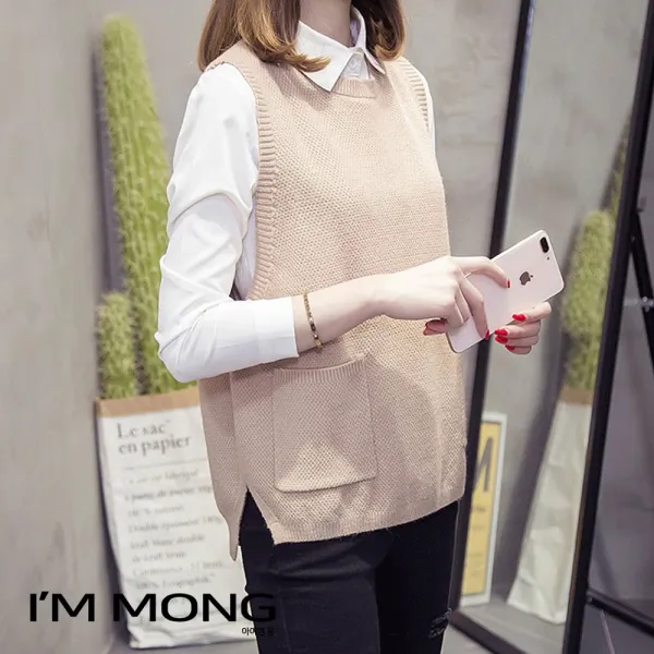 아이엠몽 여성 니트 스웨터 포켓 단추 가디건 라운드넥 레이어드 데일리 베스트 콘스칩