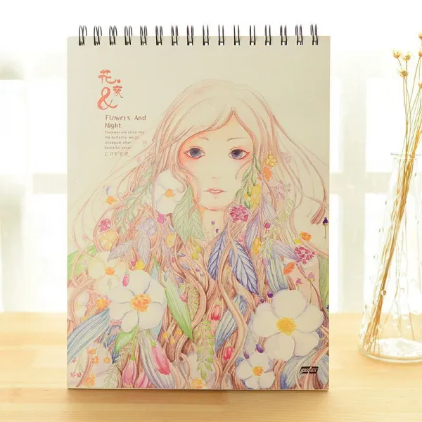 스케치북 그림 소녀 유행치마 색연필 채색 스트레스풀기 두꺼운 노트 이쁜 어린공주 숫자 라지 소묘노트, T06-뜬눈 여아(꽃밤)