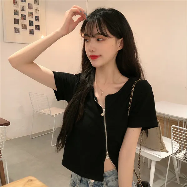 여자 새로운 모델이 여자 여름 슬림 핏 반집업 디자인 작은 짧은 꾀감을 최고조까지 끌어올린 팔 티 셔츠 여성복 상의