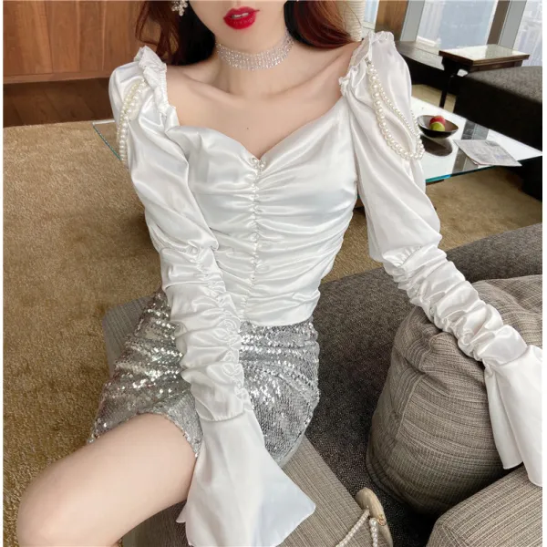 DIPYLON 여성 리본셔츠 초선진주단면플레어소매상의 여성성 슬림핏 긴팔 서양티