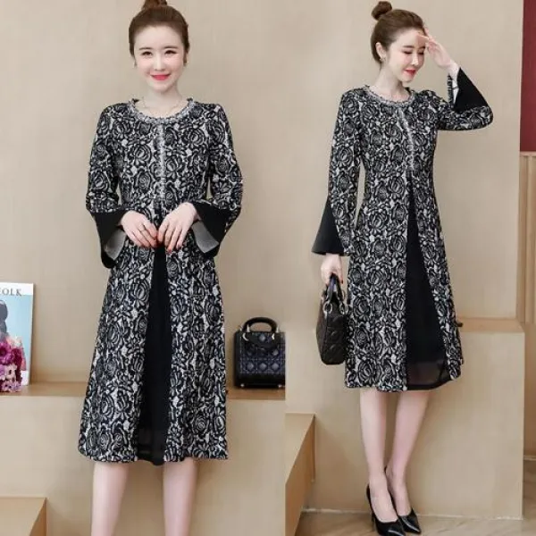 빅사이즈 코디 의류 가을 레이스 복합 고귀한 지방 Mm 커버 슬림 긴 드레스_34346