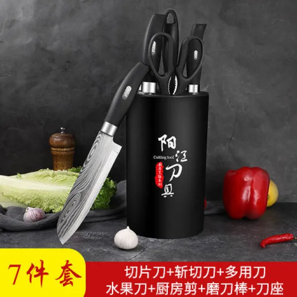 루리샵 다마스커스칼 무늬 가정용 주방 키친 도끼칼 스테인리스 스틸 날카롭다 요리사 칼마 식칼 풀 콤비네이션, 원통형 칼걸이 블랙 무늬 면직 칼꽂이