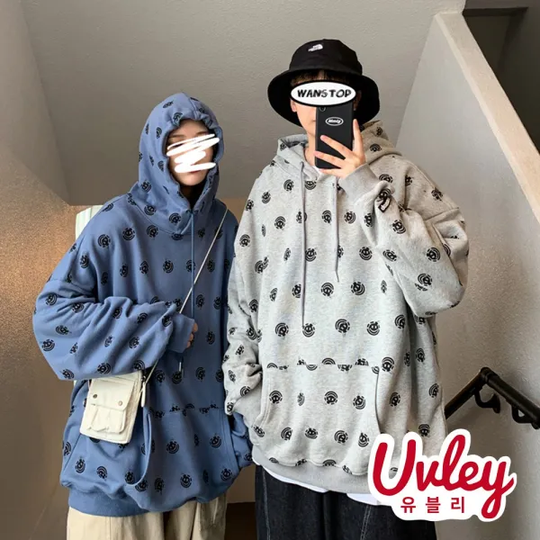 유블리 남성 루즈핏 후드 티셔츠 유니크 패턴 프린팅 후드티 오버핏 데일리룩 캠퍼스룩(UV065WD)