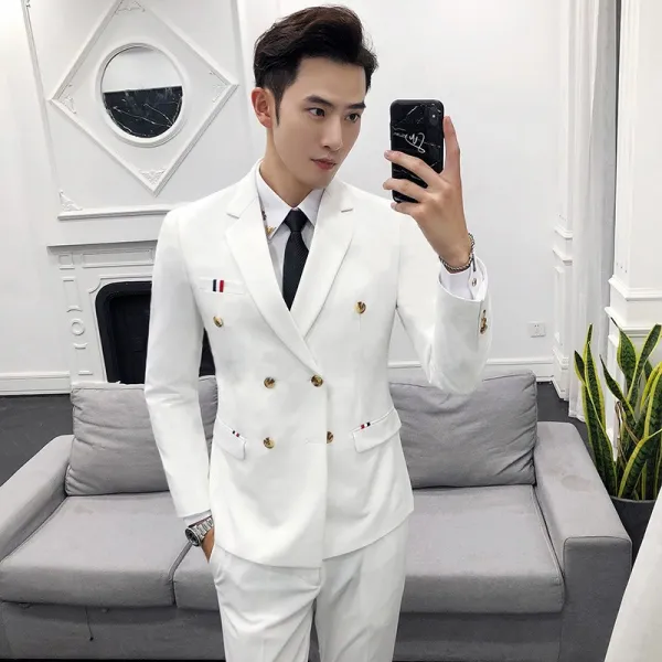 슬림 더블 브레스트 영국 스타일의 정장 사계절의 캐주얼 작은 정장 재킷 투피스 남성 한국어 버전, 화이트 긴 소매 (싱글 슈트)