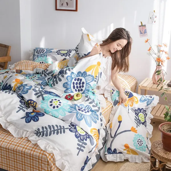 싱글침대커버 공주스타일 4피스세트 순면 침구 상큼 침대커버 이불커버 기숙사 침구커버 쓰리피스 셀럽 C06 1.8m침구 4종세트 스커트타입 적합 200*230cm이불 