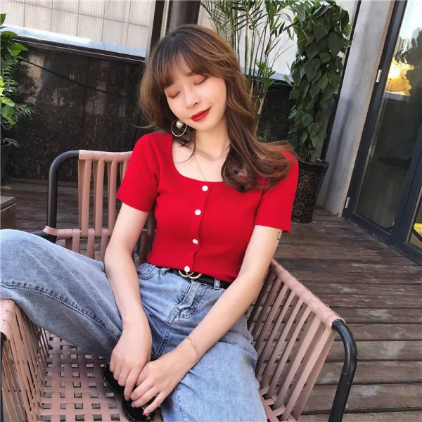 여자반팔니트 홍콩스타일 수작 스퀘어칼라 상의 여성신상 ins코디하기쉬운 하이웨스트 짧은소매 T살얼음판 짧은타입 니트로짠 이너셔츠