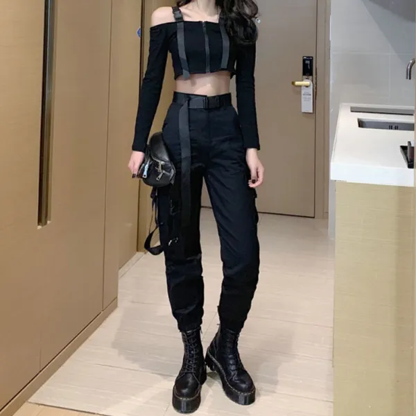 도오빠 여성 상하세트 여자 크롭티 긴팔 오프숄더 카고 팬츠 하렘 스타일 스트릿패션