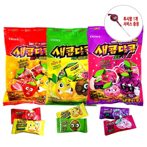 아이들 간식 새콤달콤 포도 딸기 키위 3종 (200g X 6봉)+ 사탕1개 서비스증정, 1세트