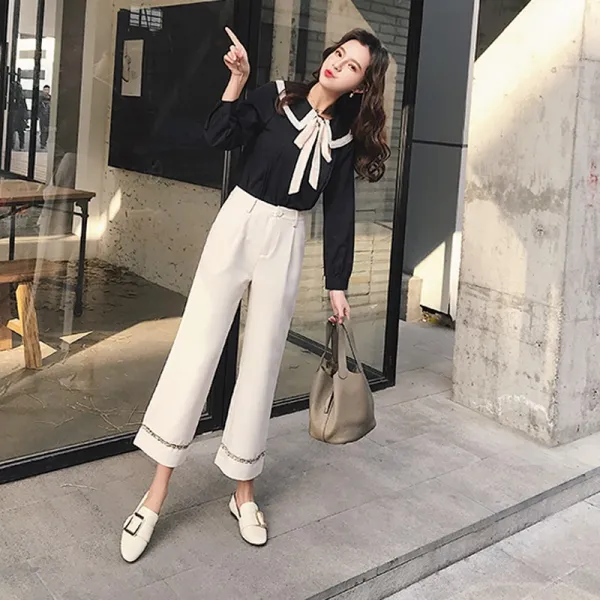 데일리룩 패션 페미닌룩 정장 리본장식 카라 블라우스x와이드핏 슬랙스 세트