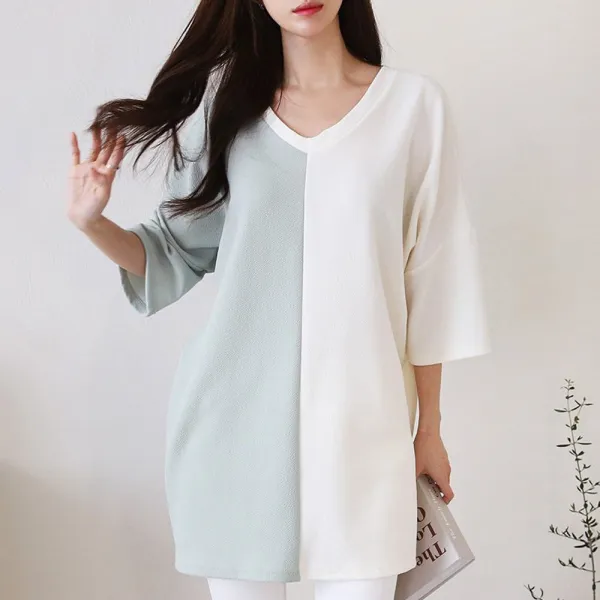 빅걸스토리 빅사이즈 여성용 하프 반반 컬러 브이넥 5부 소매 롱티셔츠