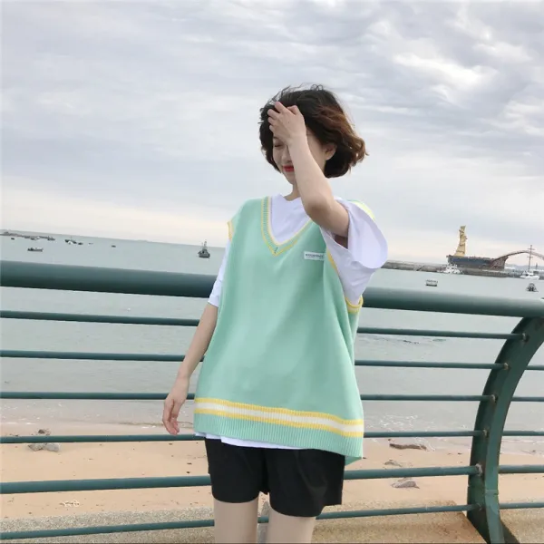 HAENGBUK 일본 외 가져가다 스웨터 뜨개질 조끼 게으른 대학 바람v 칼라 헤징 느슨한 두 조각 조각 세트 투피스 세트 여성의 가을 밖 착용 조끼