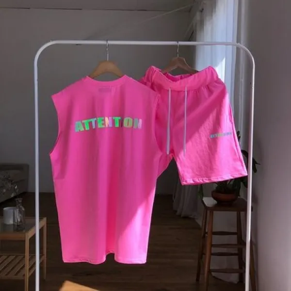 [멸치쇼핑]남자 여름 오버핏 스카치 나시 반바지 세트 4컬러, 형광핑크/FREE