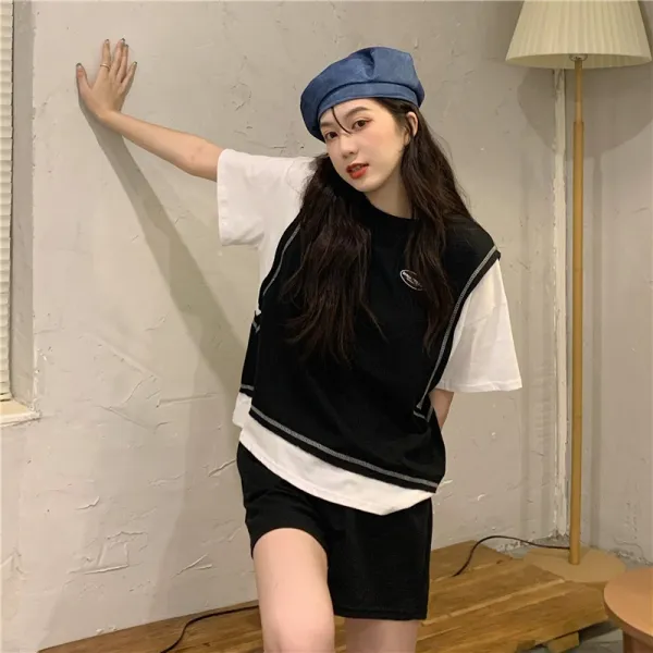 페이크투피스 상의 여성 여름 작은 키 달콤하고 맵다 달다 시크 디자인감각 보이핏 볼륨 특이한 아메카지스타일 클래식 블랙 티셔츠