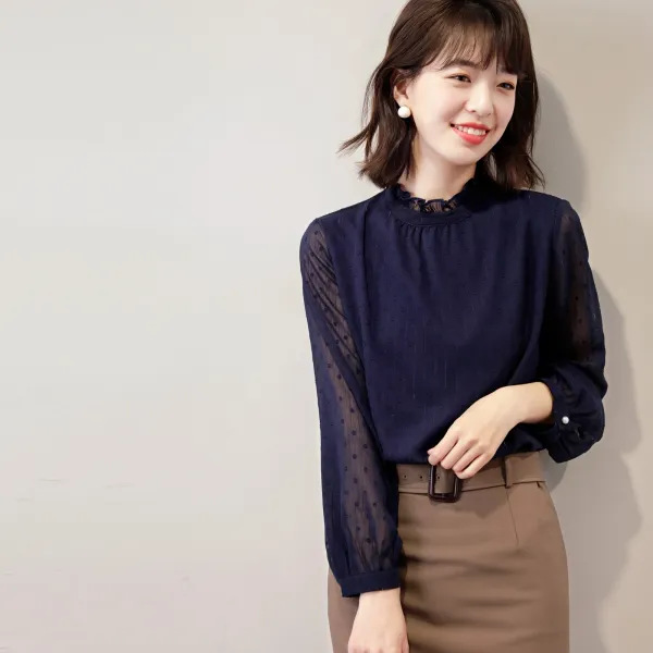나다움 레플리카셔츠 좋다 도착함 반칙을 범함 짙다 프렌치시크 궁정풍 선명한 실크실 포인트 꽃레이스 넥 긴 소매 스트레이트핏