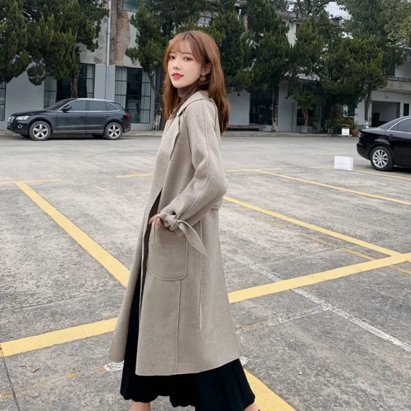오트밀 블랙 소매 리본 스트랩 겨울 모직 롱 코트 GH3-9