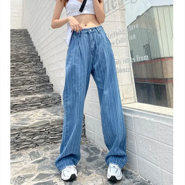 Baiwife 디자인 감각 줄무늬 청바지 여성 드리프트 드래그 팬츠 날씬해 보이다 튀어나오다 헐렁하다 허리 스트레이트 와이드 팬츠