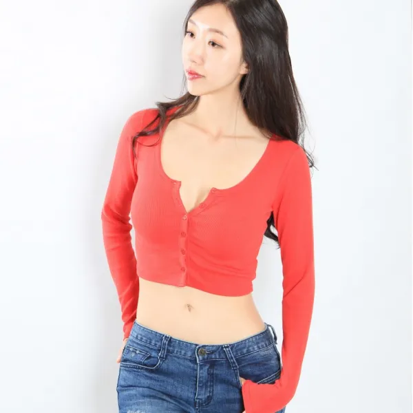 본인뉴욕 크롭단추티 긴팔 버튼티 숏티 배꼽티 크롭티 클럽의상슬림타이트섹시티셔츠 티셔츠