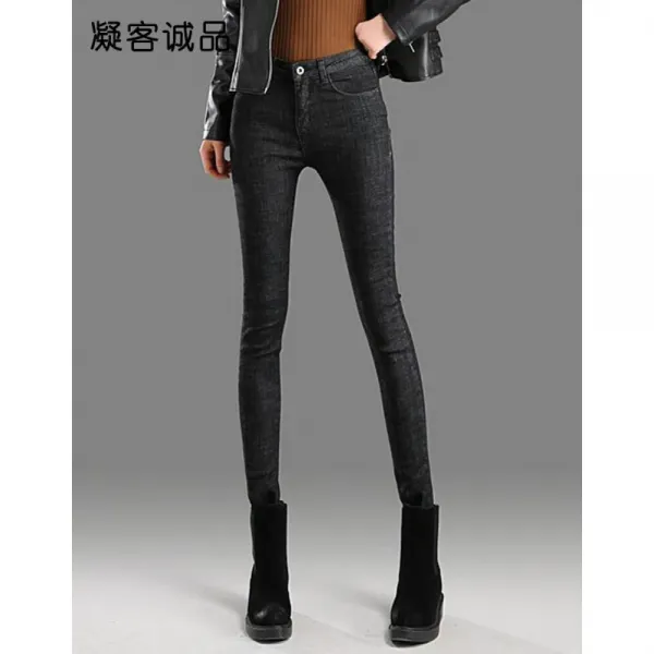 others 응 객 성 품 블랙 기모 청바지 긴 바지 하 이 웨이스트 날씬 한 가을 겨울옷 2020 스키 니 진 여자 검은색 홑바지 29
