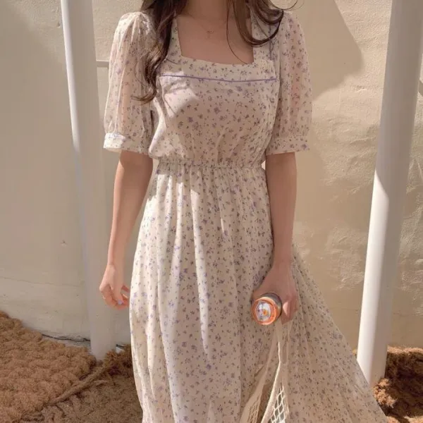 넷투넷 넷투넷 스퀘어넥 밴딩 반소매 쉬폰 플라워 롱원피스 데이트룩 로맨틱원피스 592542875130