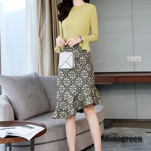 모노그린 라운드넥 긴팔 슬림 셔츠 프릴 언발 스커트 투피스 세트2rre394
